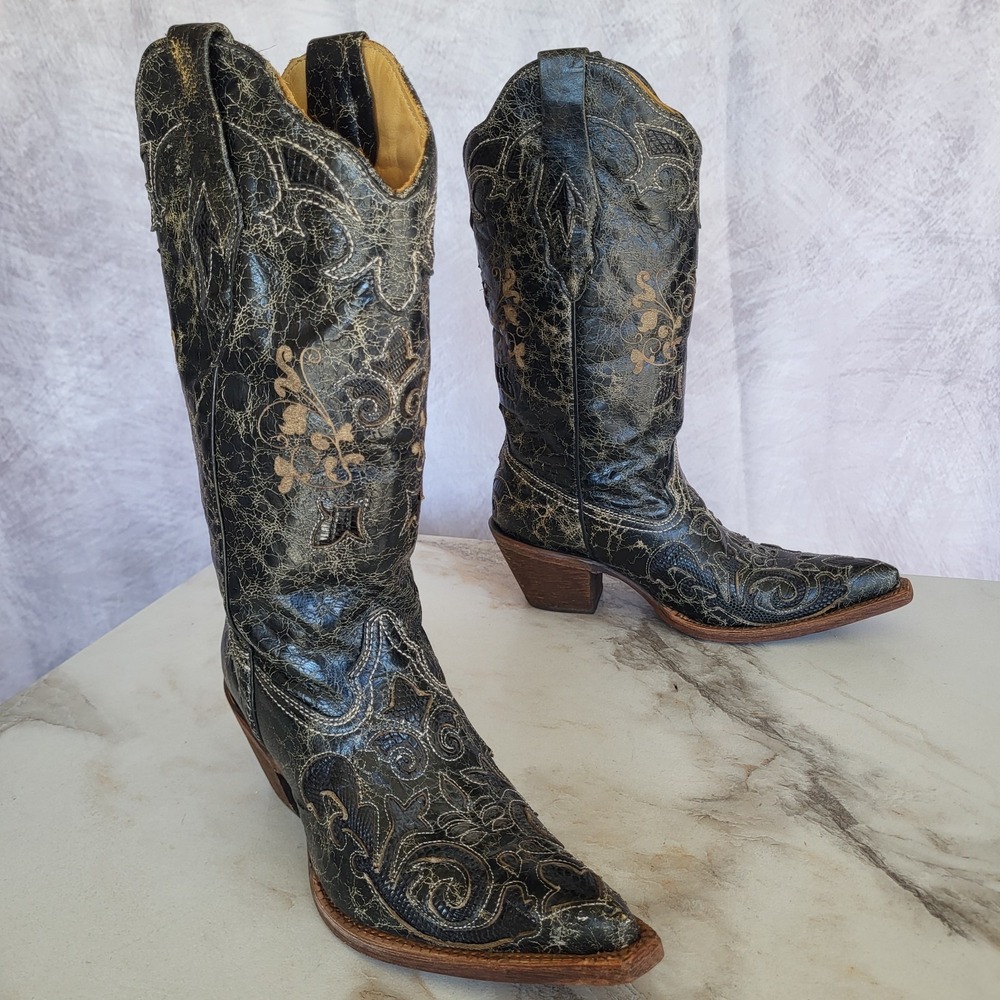 Corral Vintage Size 6 M Cowboy Boots Women's Black  Distressed Inlay